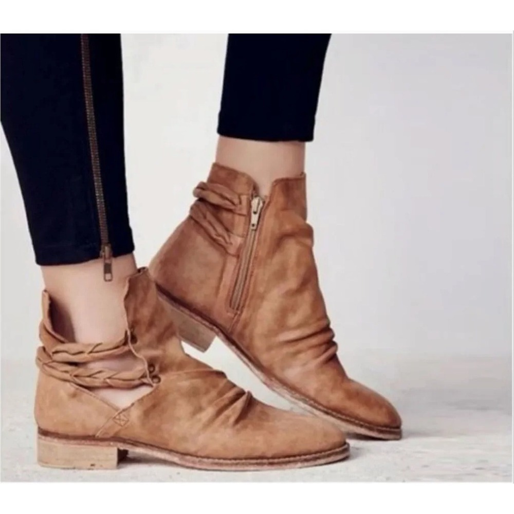 Free People Landslide Tan Bootie Ankle Braided Leather Cutout Western Boho 39